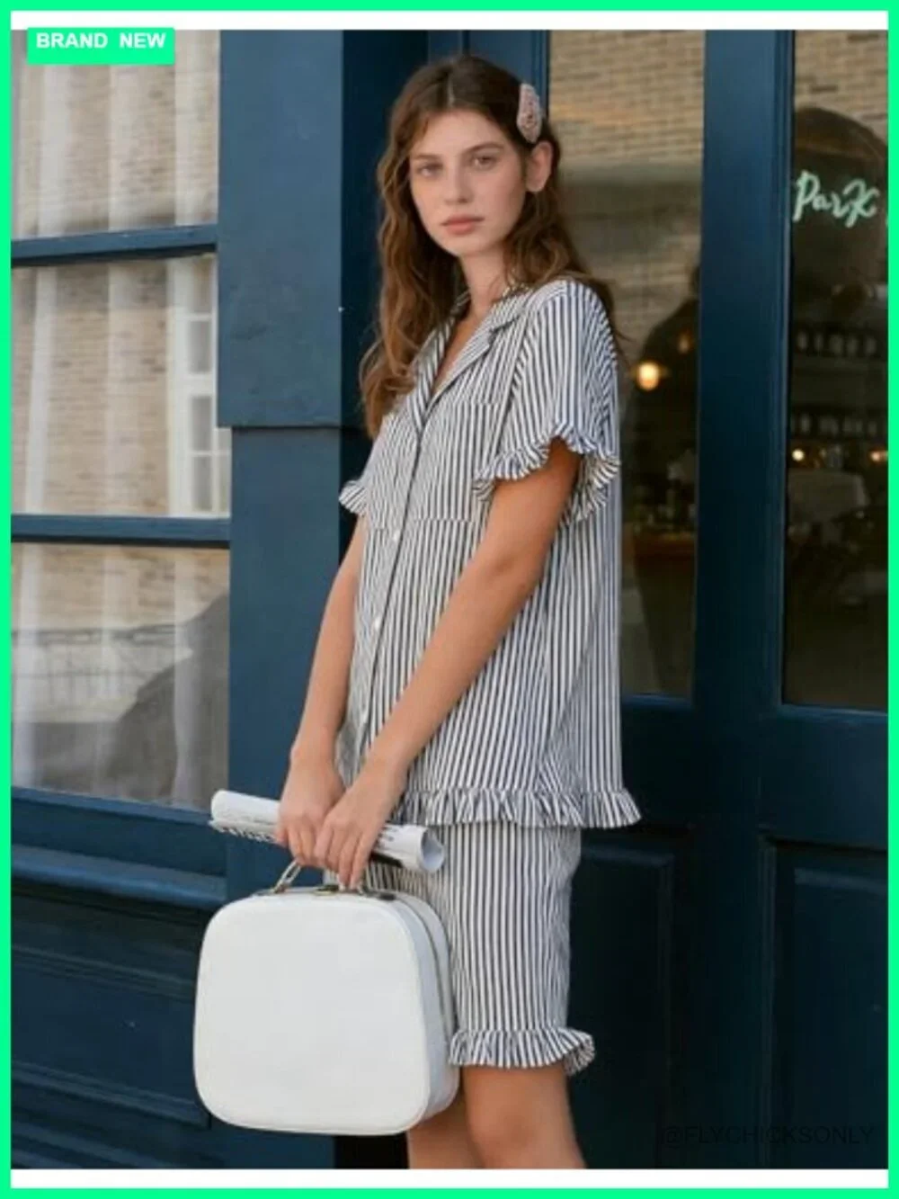 Striped Pajamas for Women Short Sleeve Ruffle Set 2 Piece Cotton Lounge Pjs